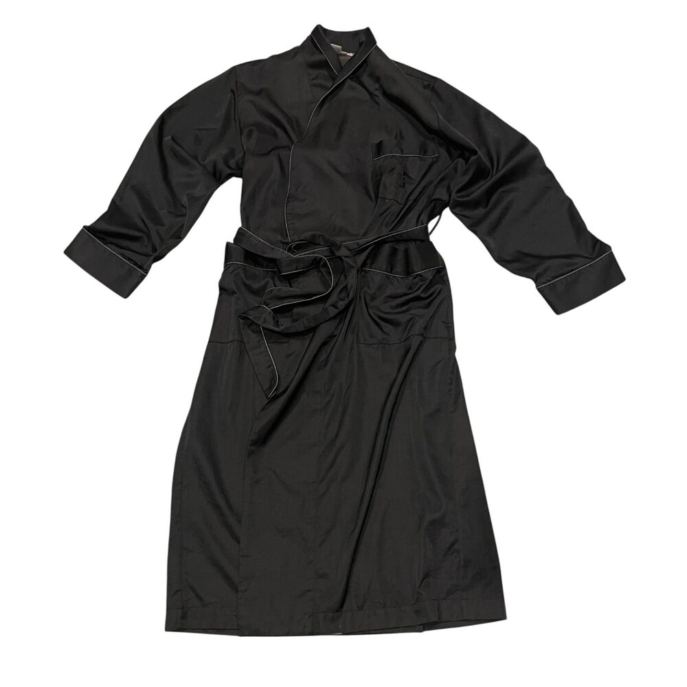 Vtg 80s Fernando Sanchez Squette Black Satin Lounge Robe Smoking Jacket